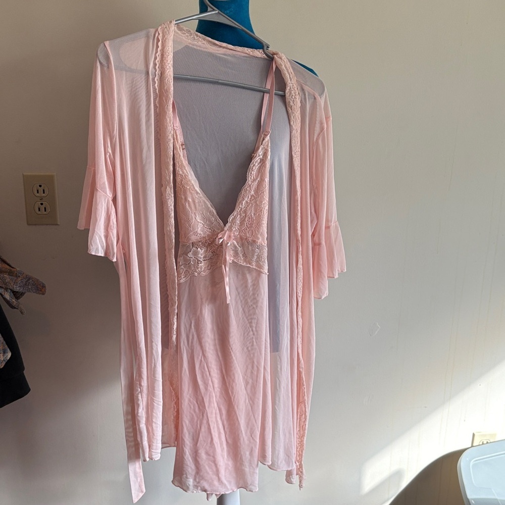 Sheer Lace-Trim Peach Chemise & Robe Set